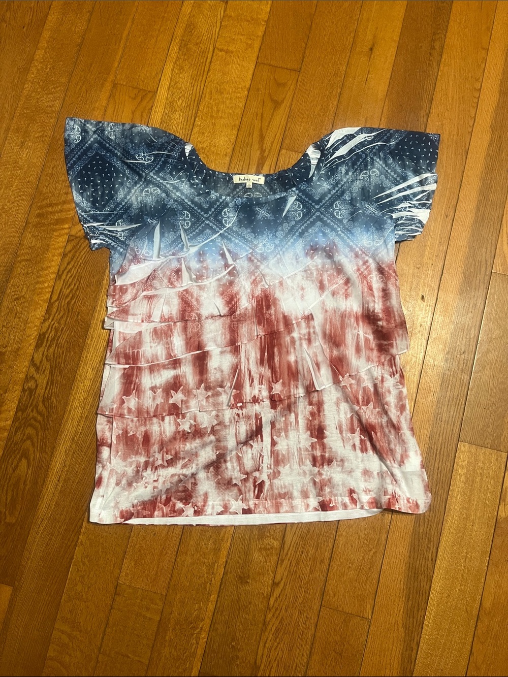 indigo soul Blue and Red Tie-Dye Ruffle Short Sleeve Tee Americana USA Patriotic